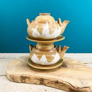 JAPANESE POTTERY 3-Piece Teapots Set Of 2 Cup & Saucer Hand Thrown Drip Glaze